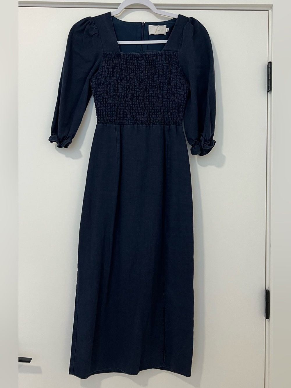 For Love & Lemons Navy Smocked Square-Neck Midi Dress